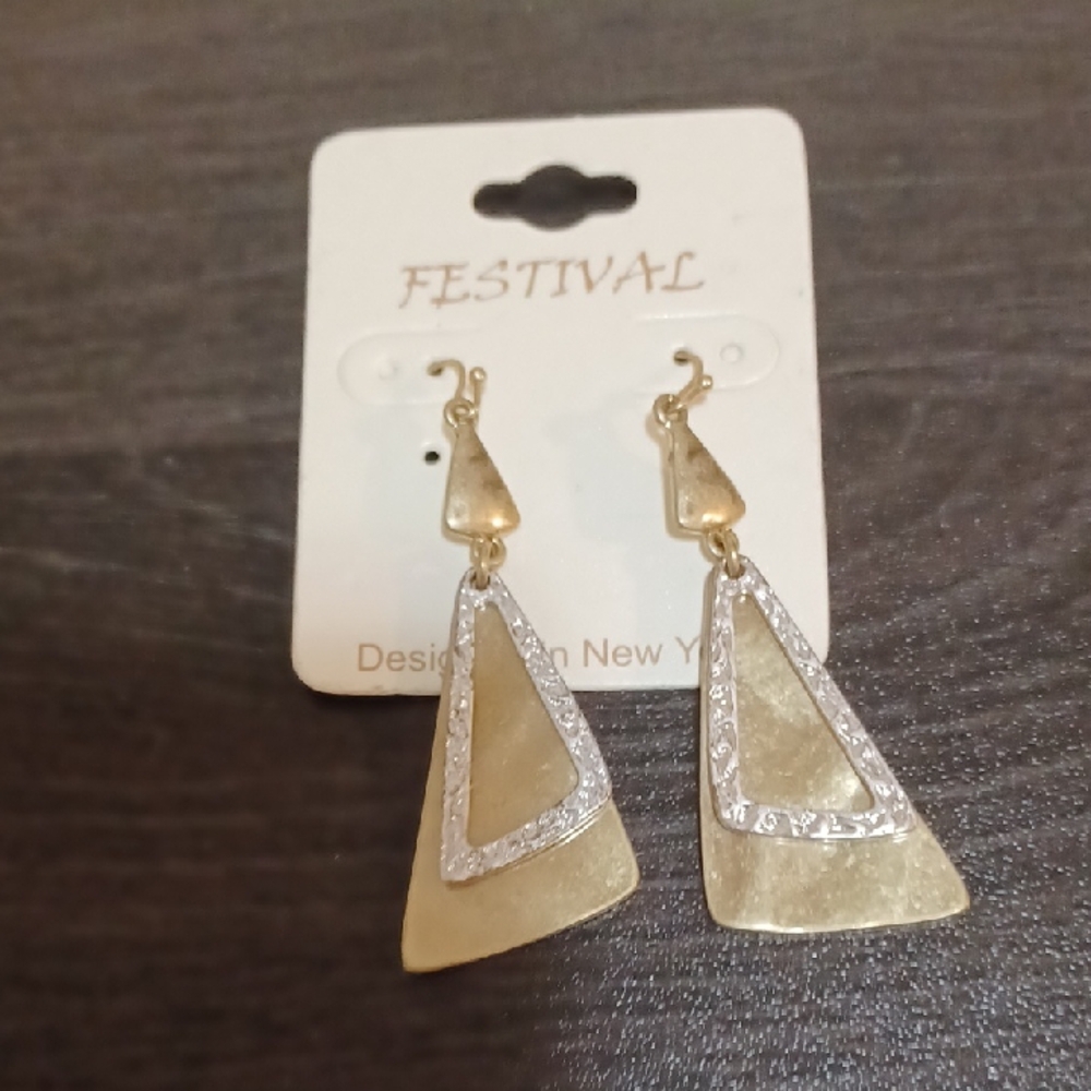 Stylish Worn Gold/Worn Silver Triangle Earrings